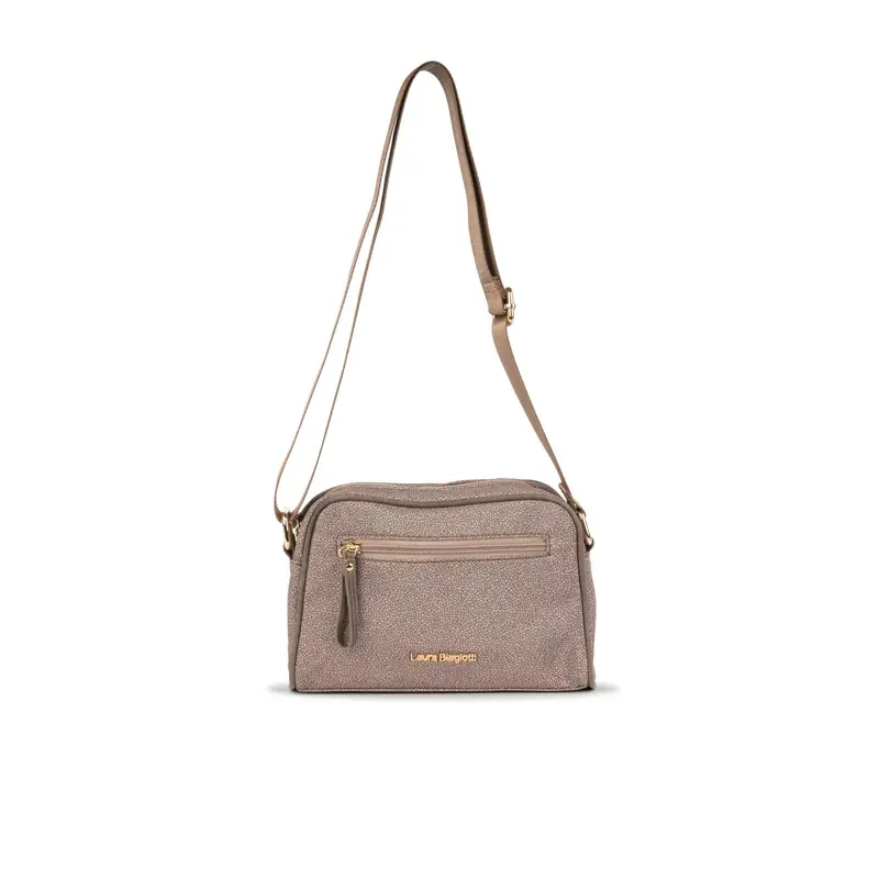 Borsa marrone da donna con tracolla regolabile in tessuto e tasca frontale