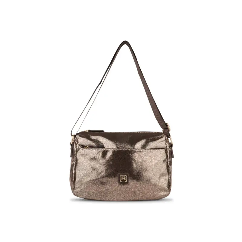 Borsa marrone lucida a tracolla da donna con tasca frontale con zip