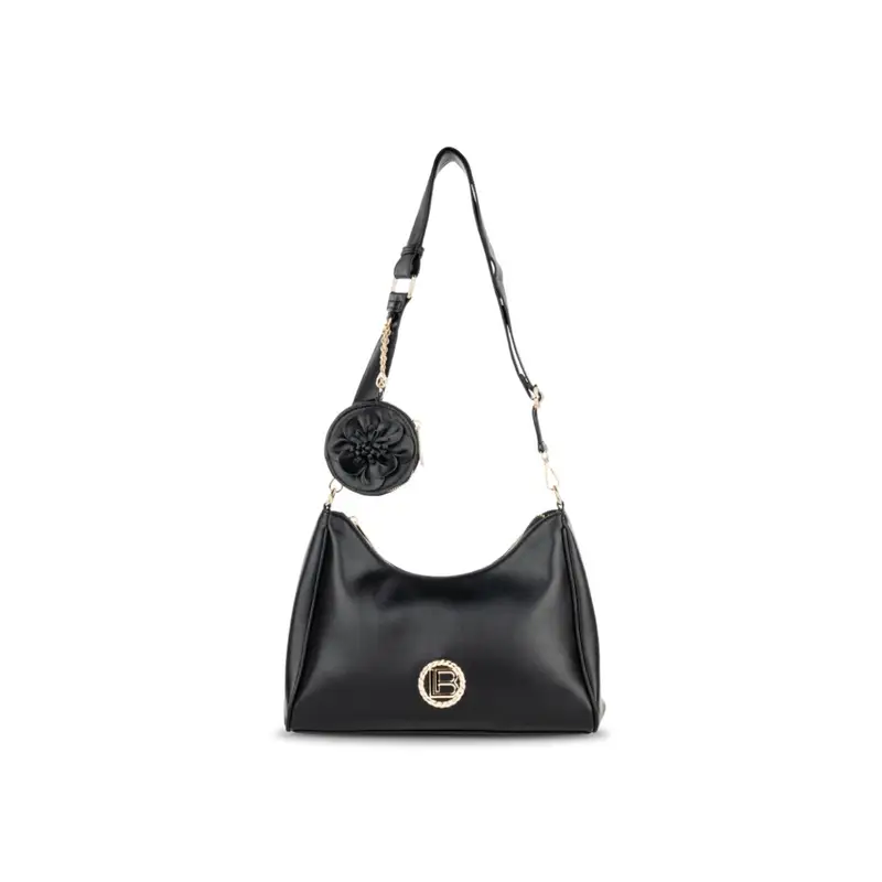 Borsa nera da donna con tracolla e dettaglio ciondolo porta monete