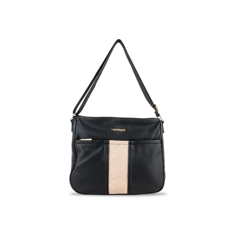 Borsa nera da donna con tracolla regolabile e tasca frontale con inserto a contrasto
