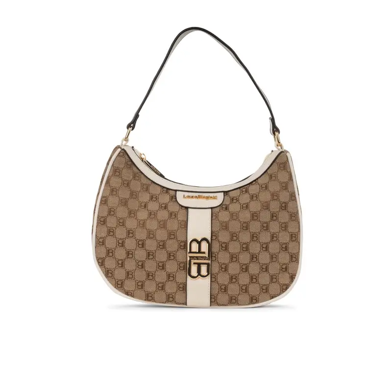 Moon bag beige da donna con fantasia multi-logo e zip