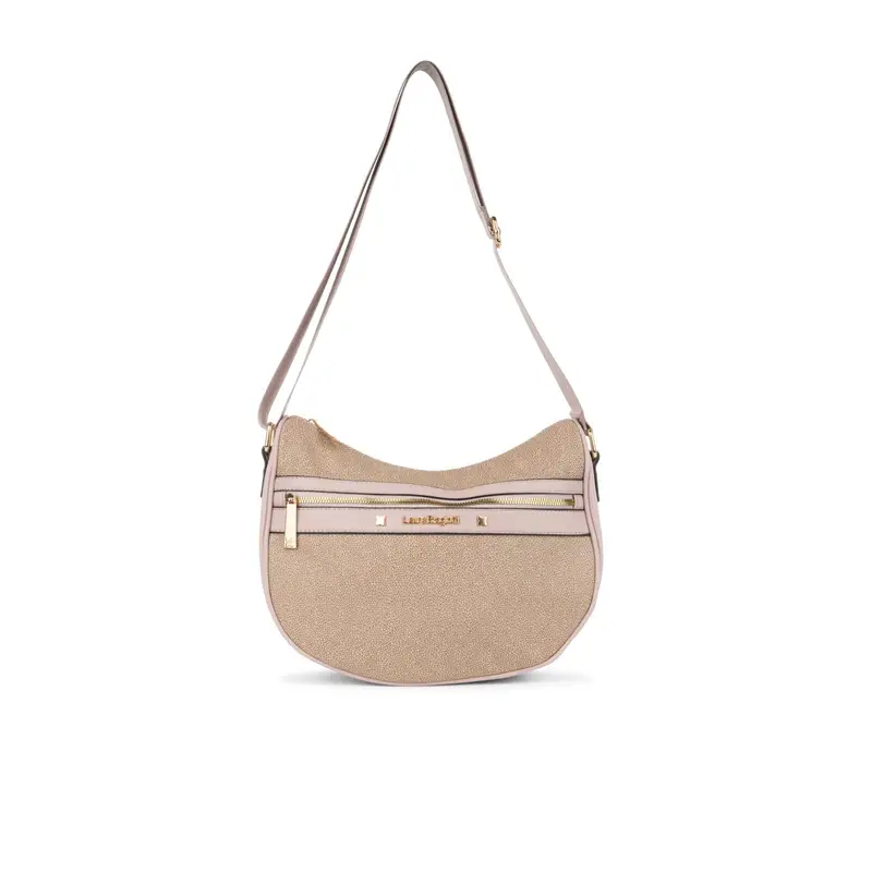 Moon bag beige e rosa da donna con tracolla regolabile e zip