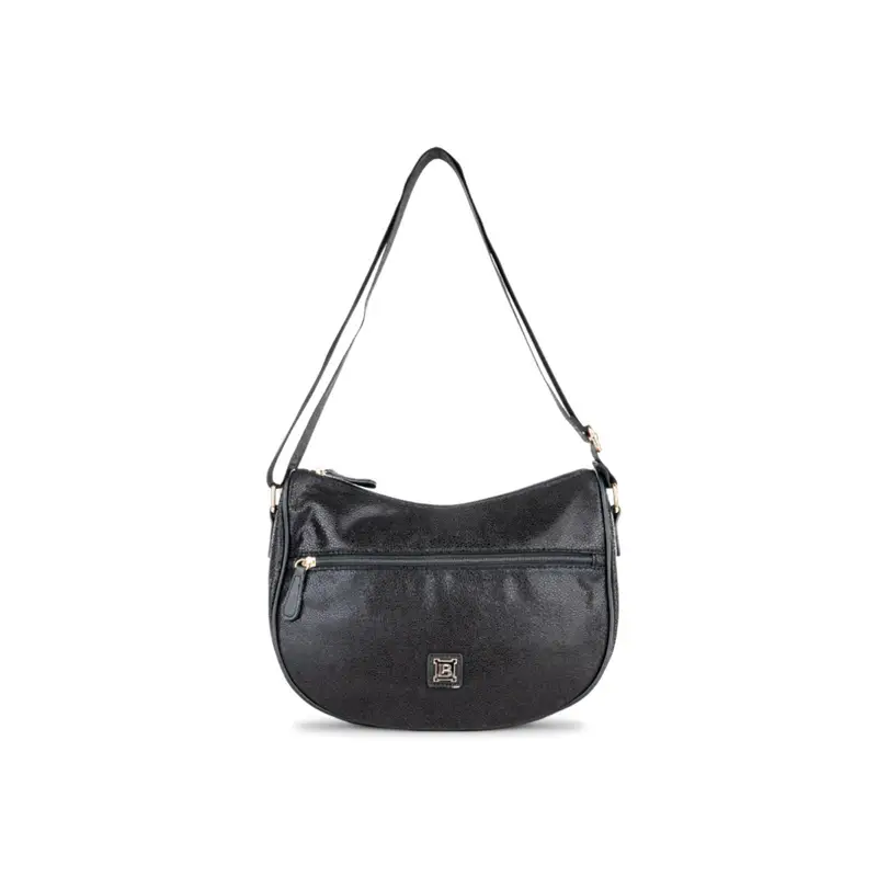 Moon bag nera lucida a tracolla da donna con tasca frontale con zip
