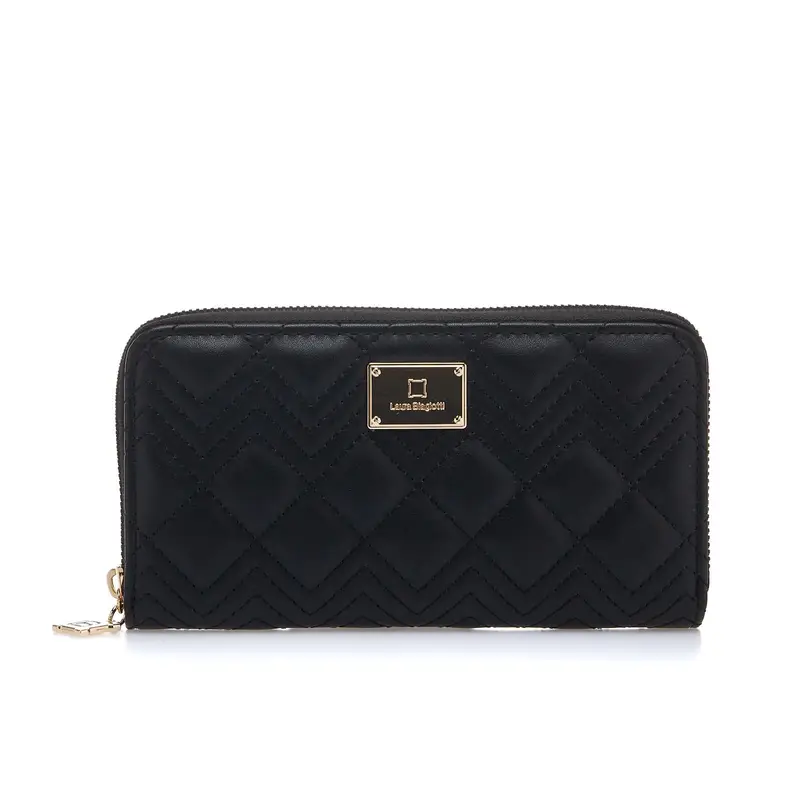 Portafoglio nero con zip e cuciture