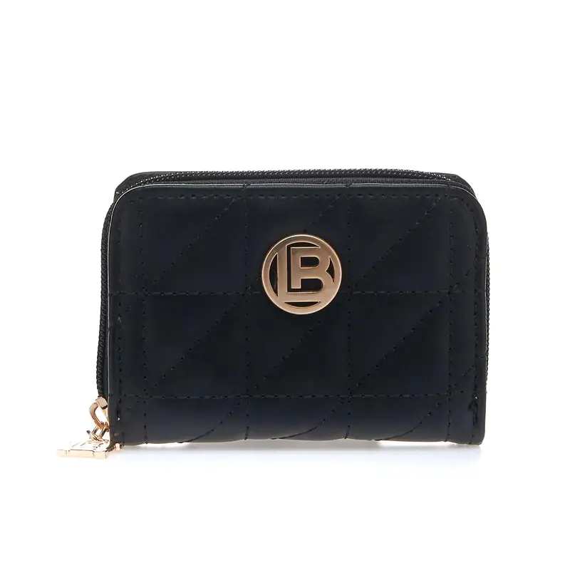 Portafoglio nero da donna con logo e cuciture