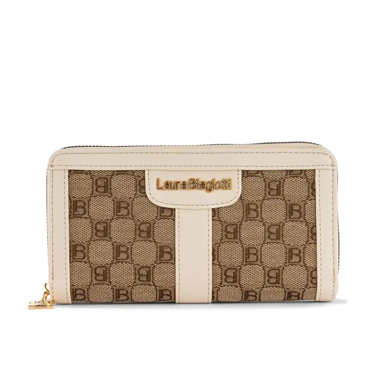 Portafoglio orizzontale bianco da donna con inserto in tessuto multi-logo