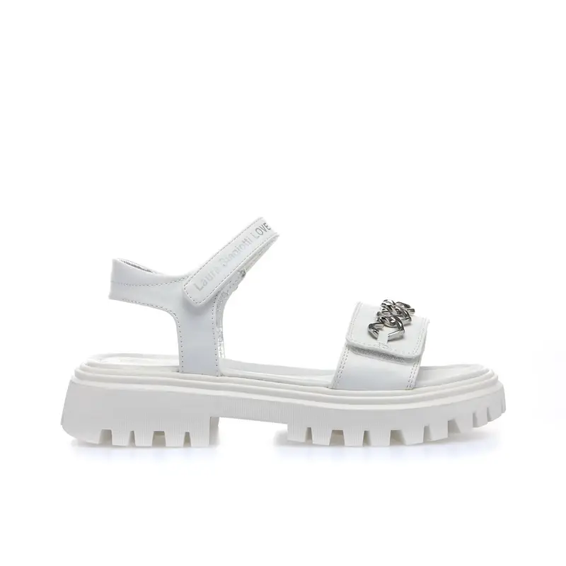 Sandali bianchi con velcro e dettaglio catena