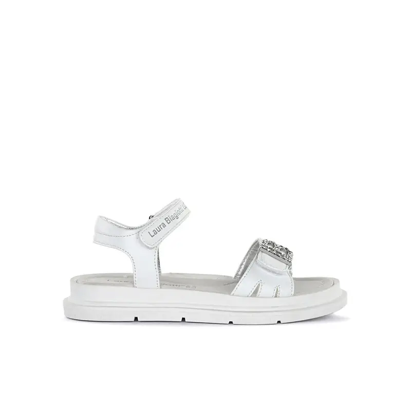 Sandali bianchi da bimba con strappo e logo gioiello