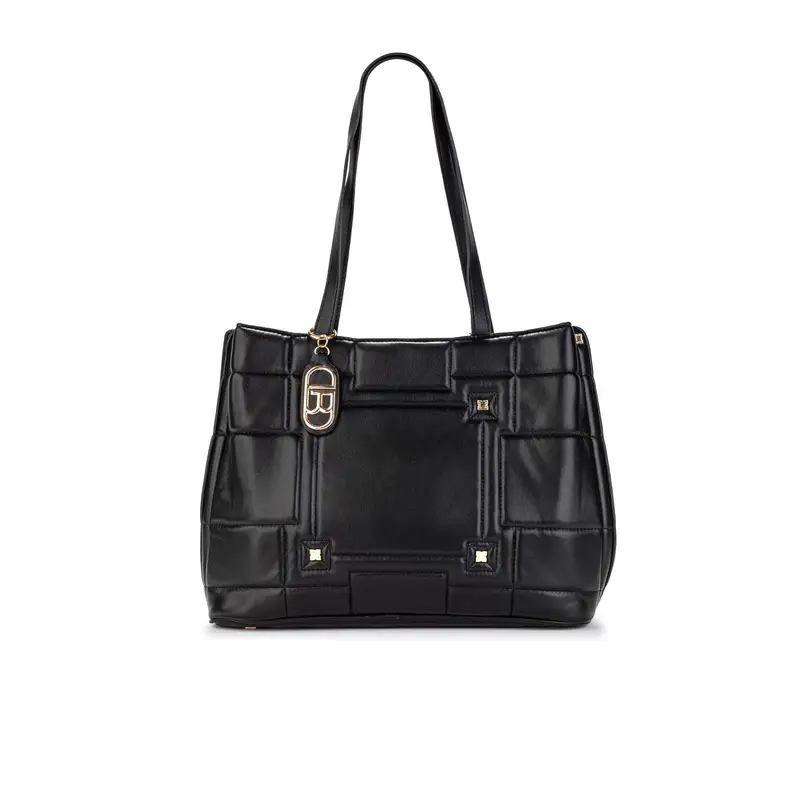 Shopper nera con charm logo oro