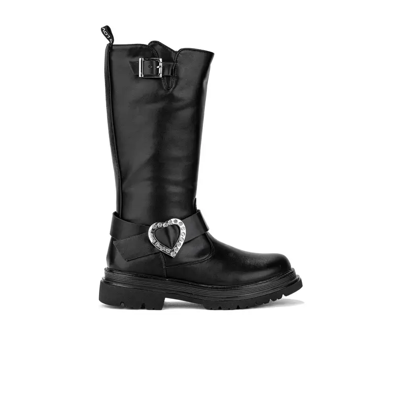 Stivali neri da bambina con fibbia e dettaglio cuore con strass