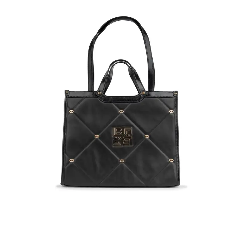 Tote bag nera da donna effetto trapuntato con logo e doppio manico