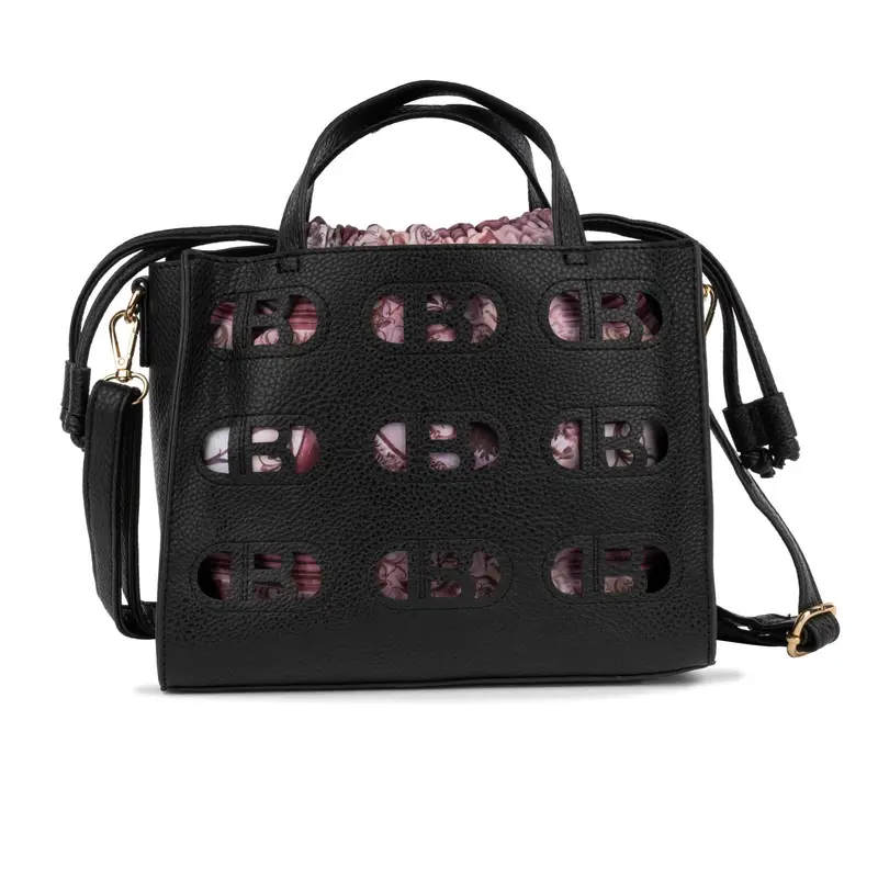 Tote bag nera traforata da donna con sacca interna in tessuto con coulisse