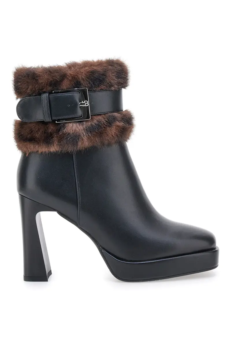 Tronchetti neri con tacco alto, cinturino e profilo in pelliccia Laura Biagiotti 9384M [NERO]