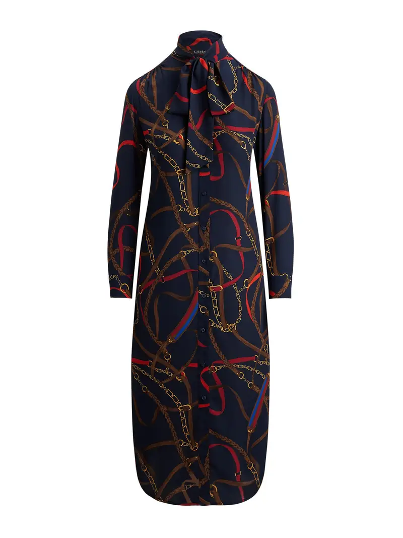 Abito camicia navy / marrone / giallo oro / rosso scuro