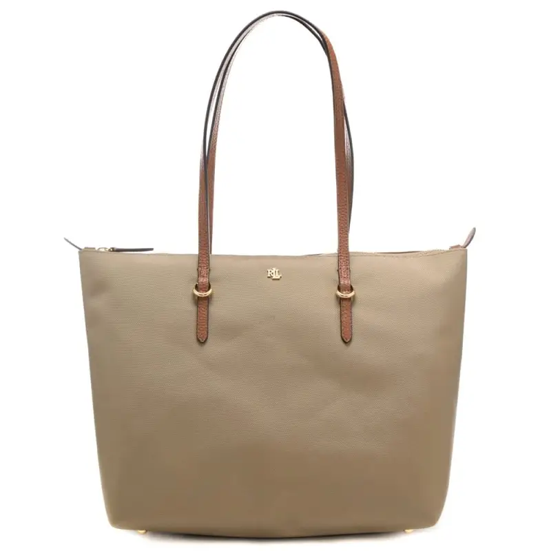 borsa a spalla da donna in tessuto con logo monogram in metallo sul davanti beige