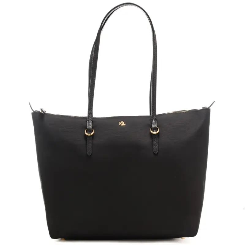 borsa a spalla da donna in tessuto con logo monogram in metallo sul davanti nera