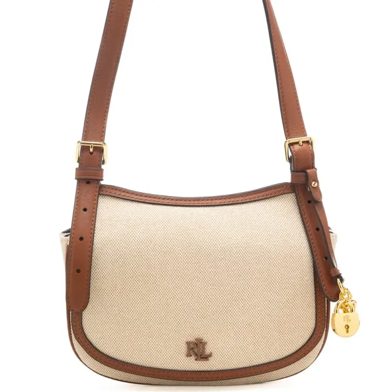 borsa a tracolla da donna in tessuto con inserti in pelle a contrasto colore beige e cuoio