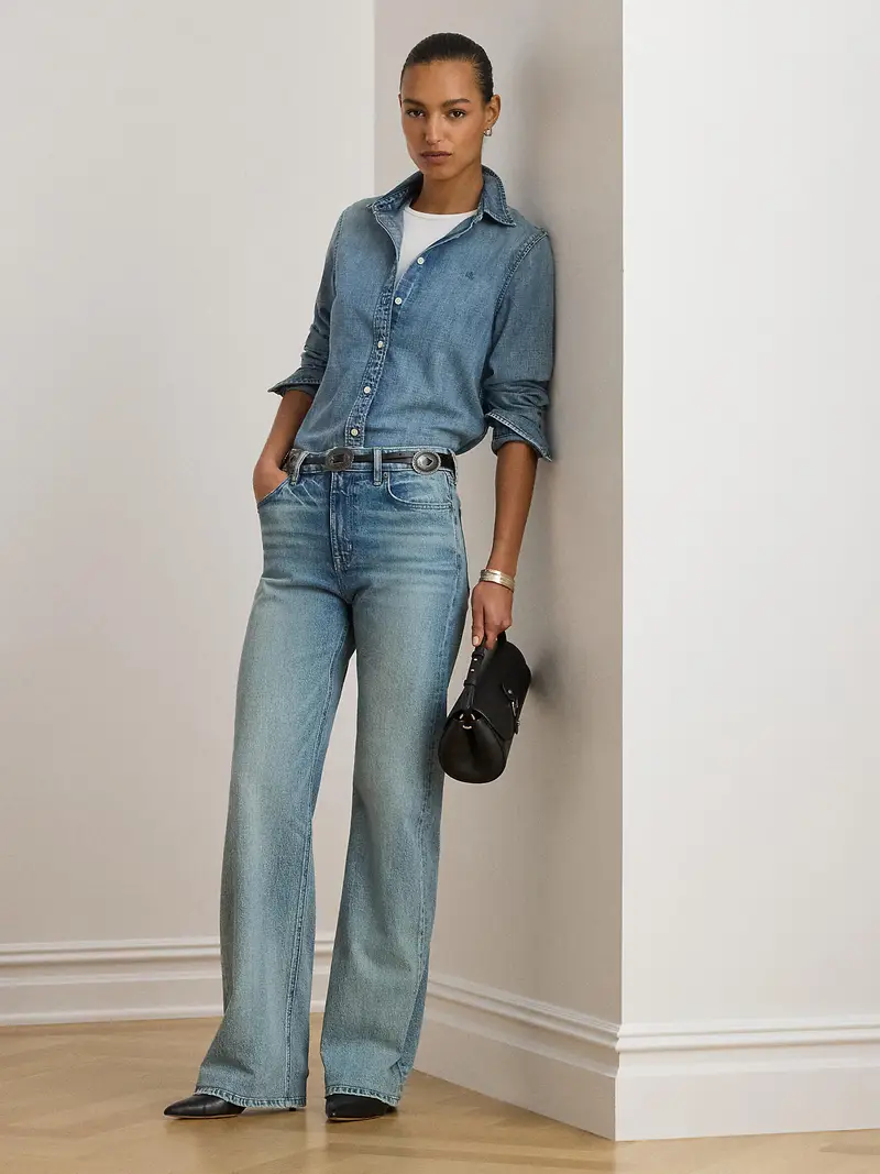 Camicia da donna blu denim miniatura 3