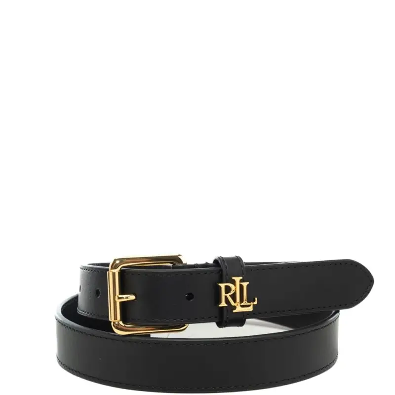 cintura da donna in vera pelle liscia con dettagli dorati e logo monogram sul davanti nera