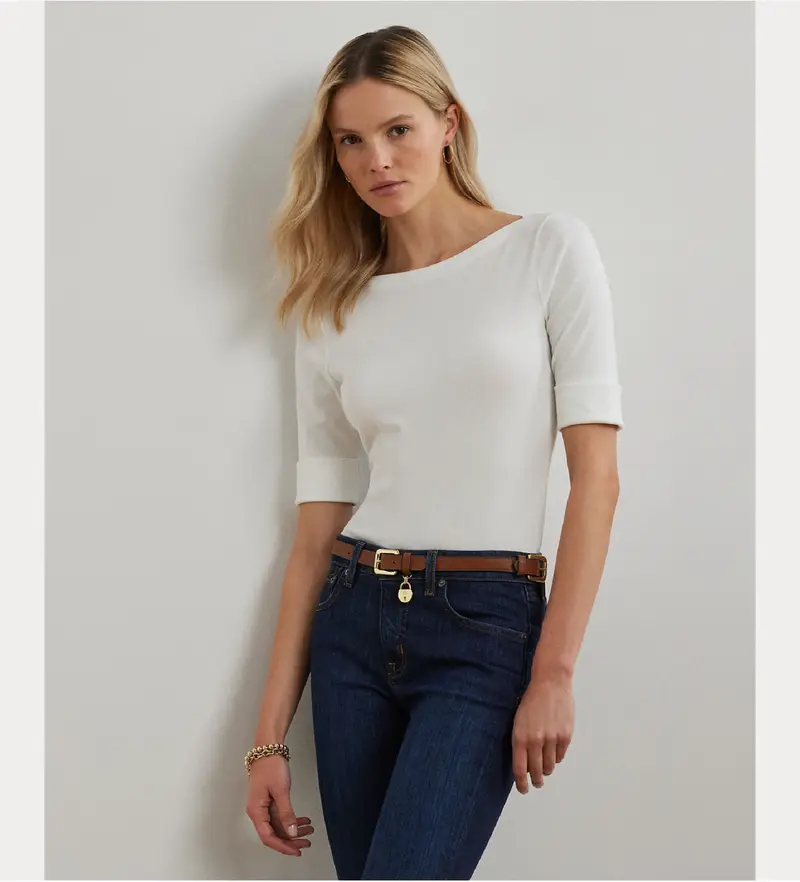 per donna 200654963007 Maglietta con scollo a barca (S), Bianco, Casual, Cotone, Manica 3/4