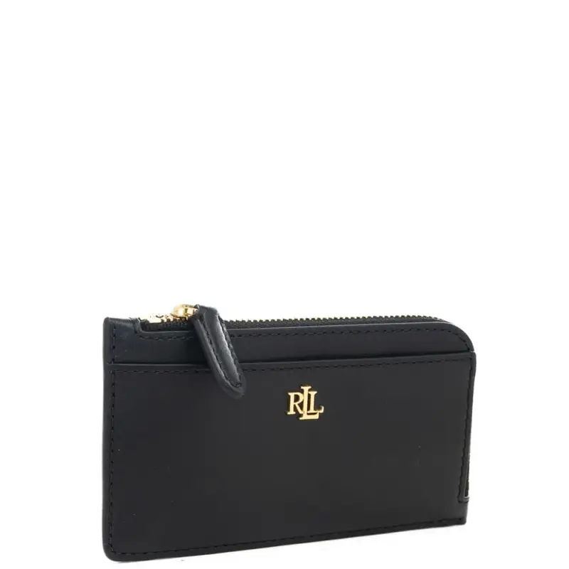 portacarte da donna in vera pelle con tasca con zip e logo monogram in metallo sul davanti nero miniatura 2