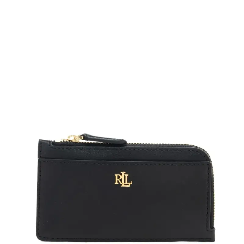 portacarte da donna in vera pelle con tasca con zip e logo monogram in metallo sul davanti nero