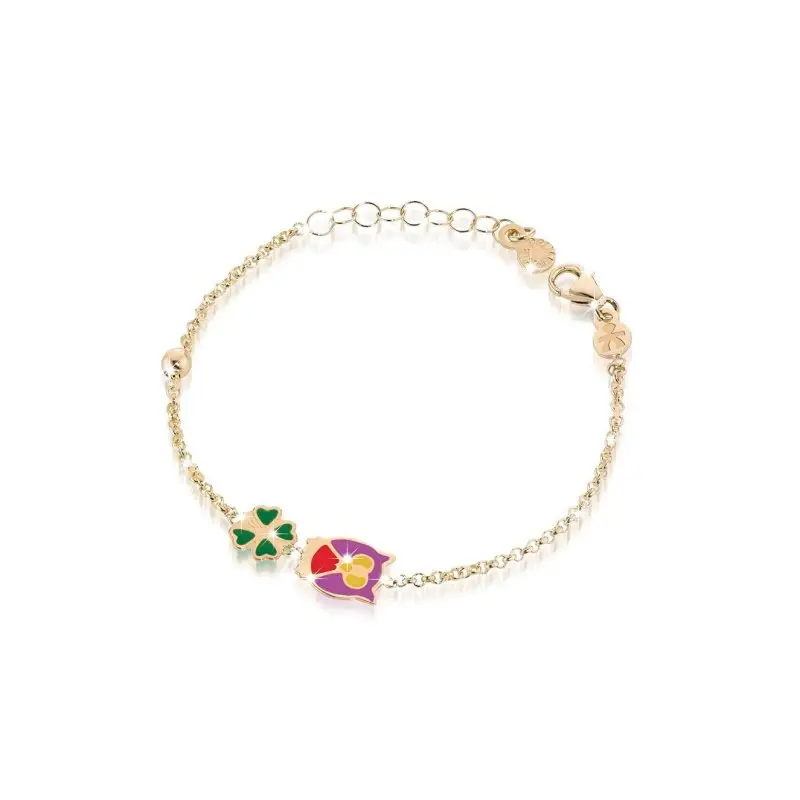 Fortuna ♡ Bracciale Oro Giallo Civetta E Quadrifoglio - Le Bebe