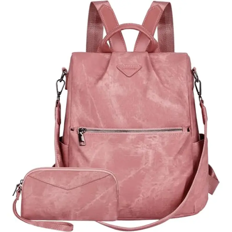 Leathario Zaino Da Donna Antifurto e a Prova di Spruzzi, Zainetto Multifunzionale in Pelle Vegana, Borsa Casual ed Moda per Viaggio, Scuola, Lavoro, Shopping, Visite e Università Rosa