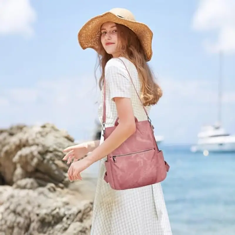 Leathario Zaino Da Donna Antifurto e a Prova di Spruzzi, Zainetto Multifunzionale in Pelle Vegana, Borsa Casual ed Moda per Viaggio, Scuola, Lavoro, Shopping, Visite e Università Rosa miniatura 2