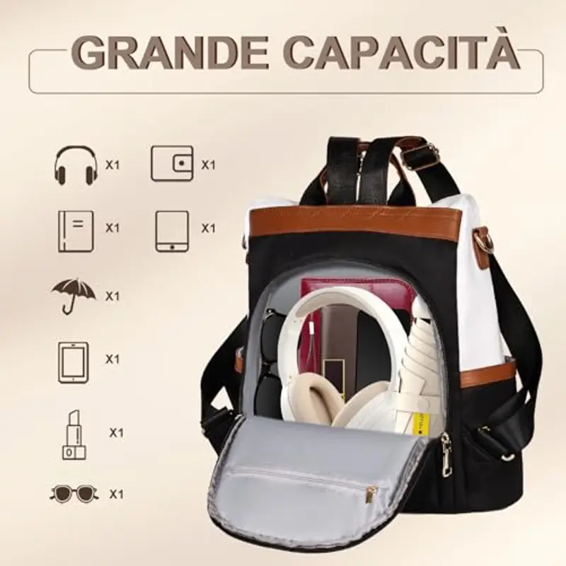 Leathario Zaino Donna Antifurto e Impermeabile, Zainetto, Zaini, Borsa Donna per Ufficio, Lavoro, Università, Viaggio, Nero E Bianco miniatura 2
