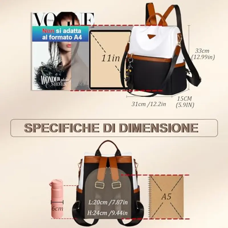 Leathario Zaino Donna Antifurto e Impermeabile, Zainetto, Zaini, Borsa Donna per Ufficio, Lavoro, Università, Viaggio, Nero E Bianco miniatura 3