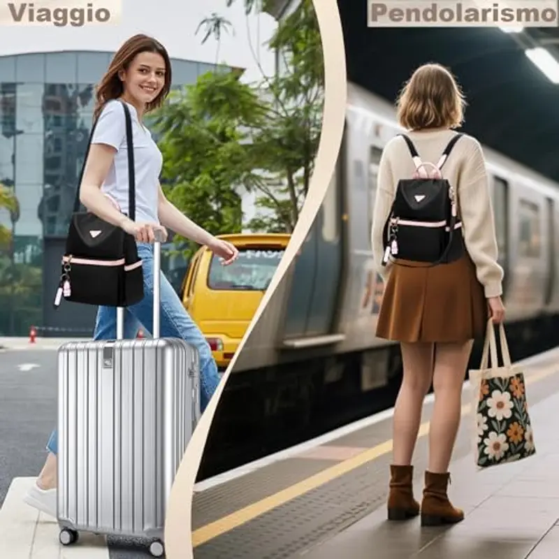 Leathario Zaino Donna Antifurto e Impermeabile, Zainetto, Zaini, Borsa Donna per Ufficio, Lavoro, Università, Viaggio, Nero E Rosa miniatura 2