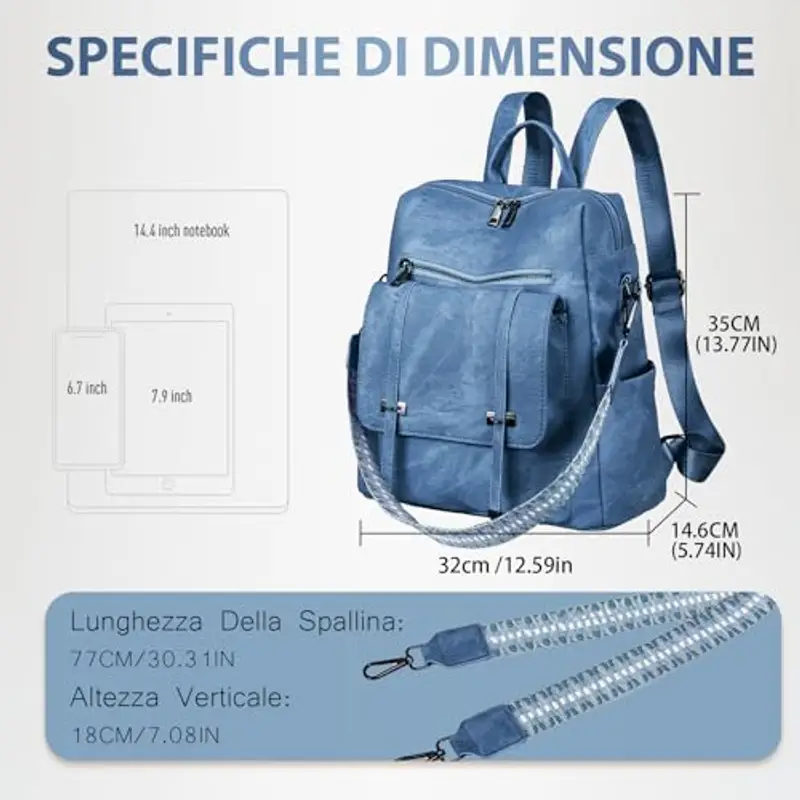Leathario Zaino Donna in Pelle Vegana Impermeabile Antifurto, Borsa Elegante 3-in-1, Zaino da Lavoro, Viaggio e Uso Quotidiano(Blu) miniatura 2