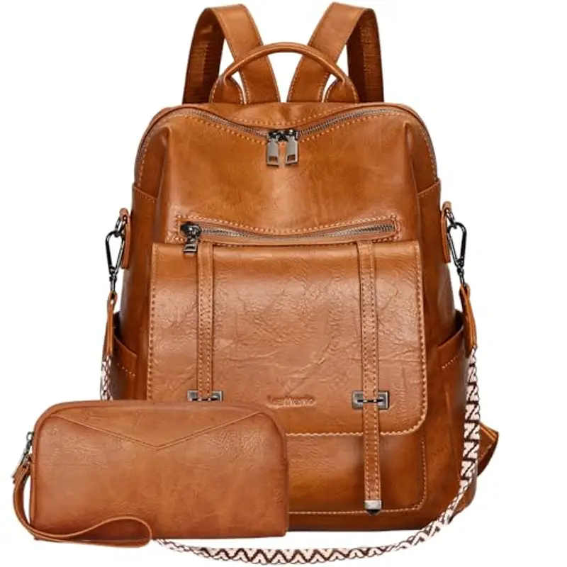 Leathario Zaino Donna in Pelle Vegana Impermeabile Antifurto,Borsa Elegante 3-in-1,Zaino da Lavoro, Viaggio e Uso Quotidiano(Marrone Smaltato)