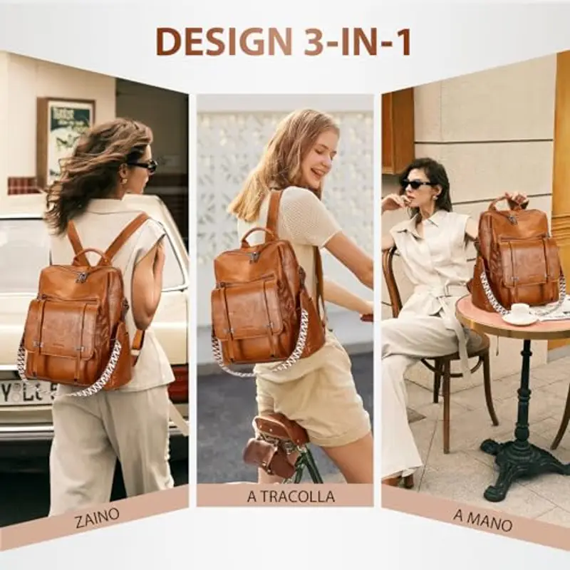 Leathario Zaino Donna in Pelle Vegana Impermeabile Antifurto, Borsa Elegante 3-in-1, Zaino da Lavoro, Viaggio e Uso Quotidiano(Marrone Smaltato) miniatura 3