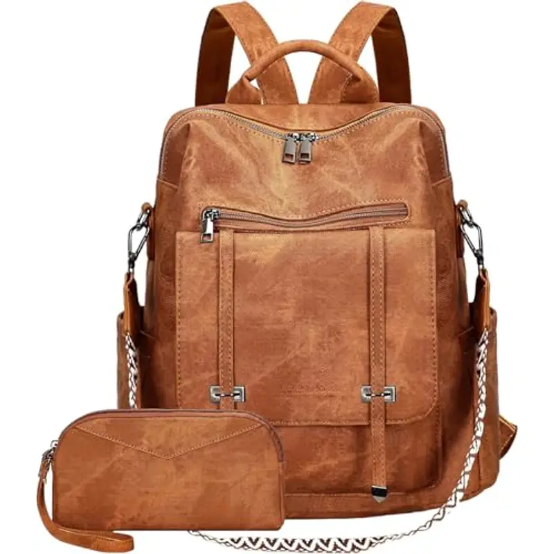 Leathario Zaino Donna in Pelle Vegana Impermeabile Antifurto,Borsa Elegante 3-in-1,Zaino da Lavoro, Viaggio e Uso Quotidiano(Marrone Smerigliato)