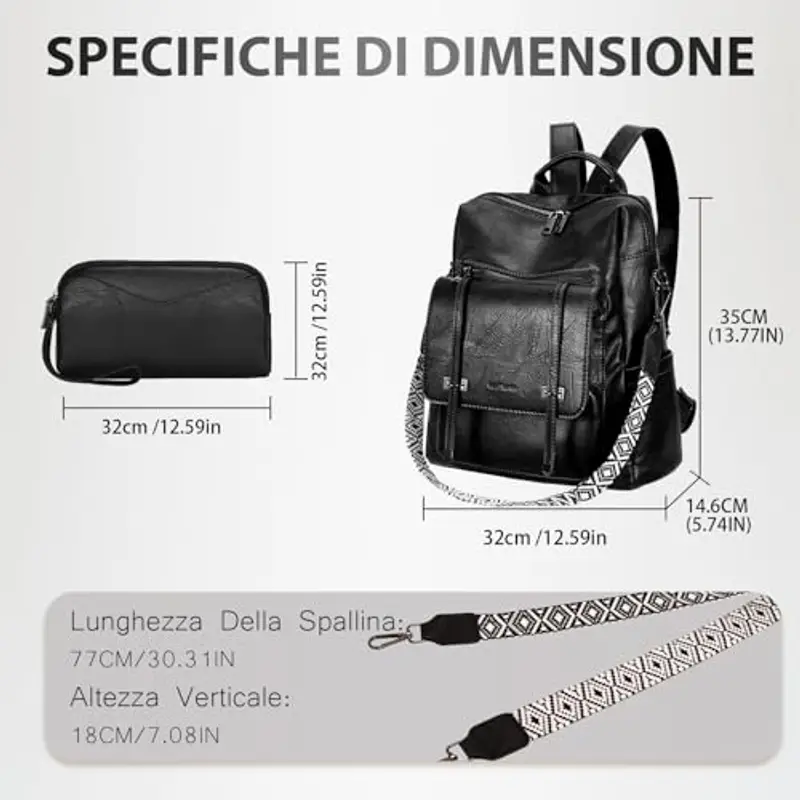 Leathario Zaino Donna in Pelle Vegana Impermeabile Antifurto, Borsa Elegante 3-in-1, Zaino da Lavoro, Viaggio e Uso Quotidiano(Nero Lucido) miniatura 2
