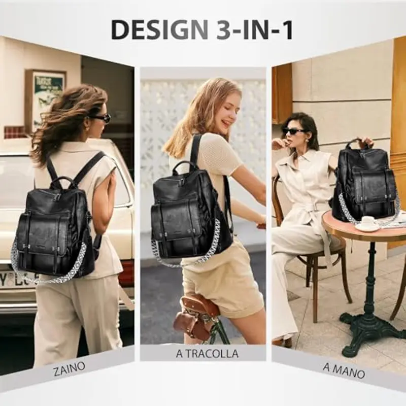 Leathario Zaino Donna in Pelle Vegana Impermeabile Antifurto, Borsa Elegante 3-in-1, Zaino da Lavoro, Viaggio e Uso Quotidiano(Nero Lucido) miniatura 3