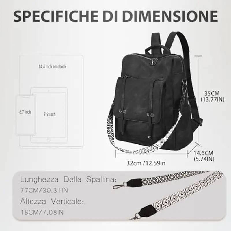Leathario Zaino Donna in Pelle Vegana Impermeabile Antifurto, Borsa Elegante 3-in-1, Zaino da Lavoro, Viaggio e Uso Quotidiano(Nero Opaco) miniatura 2