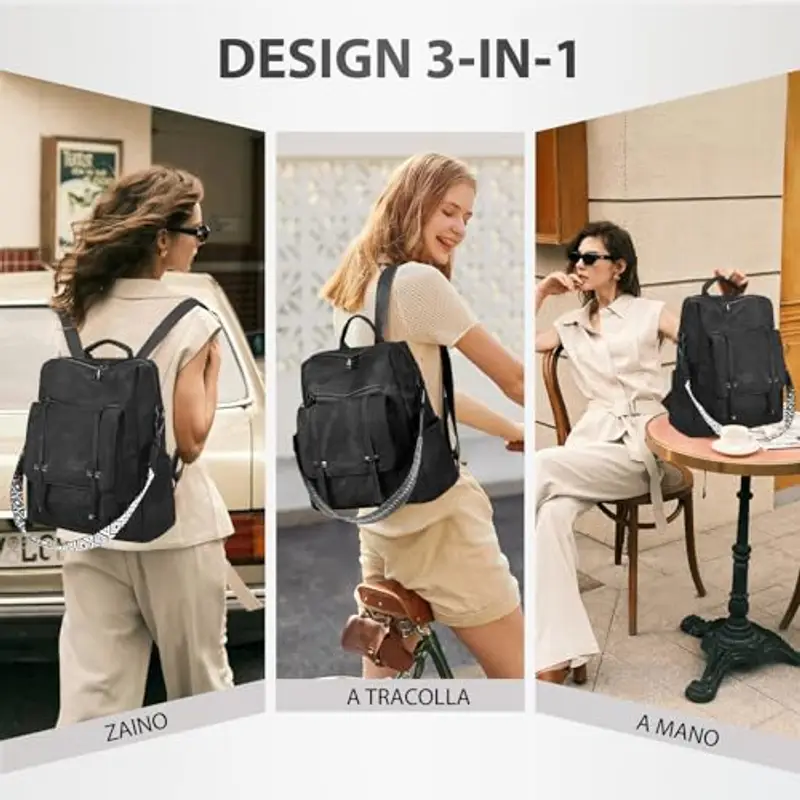 Leathario Zaino Donna in Pelle Vegana Impermeabile Antifurto, Borsa Elegante 3-in-1, Zaino da Lavoro, Viaggio e Uso Quotidiano(Nero Opaco) miniatura 3
