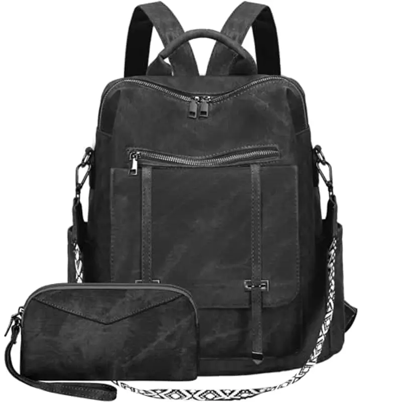 Leathario Zaino Donna in Pelle Vegana Impermeabile Antifurto,Borsa Elegante 3-in-1,Zaino da Lavoro, Viaggio e Uso Quotidiano(Nero Opaco)