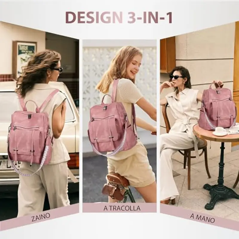 Leathario Zaino Donna in Pelle Vegana Impermeabile Antifurto, Borsa Elegante 3-in-1, Zaino da Lavoro, Viaggio e Uso Quotidiano(Rosa) miniatura 3