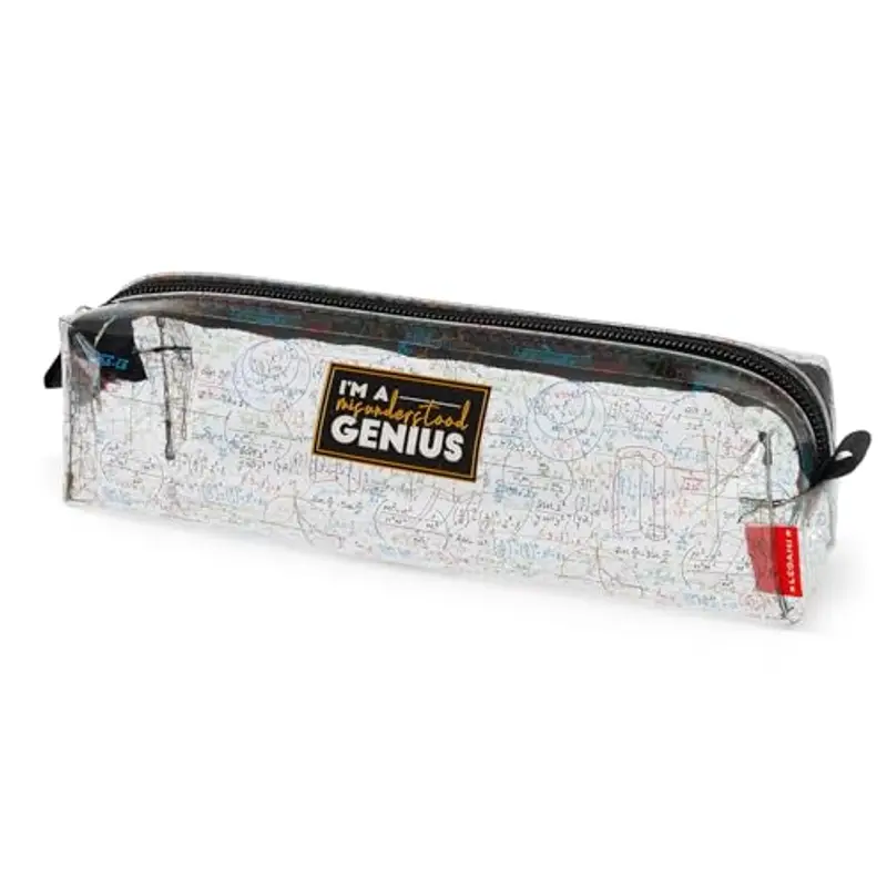Legami - Astuccio Trasparente, Pencil Case per Matite Penne Evidenziatori, Portapenne Scuola per Bambini Ragazzi e Adulti, Chiusura a Zip, Dimensioni 19,5 x 5,5 x 5,5 cm, Tema Genius