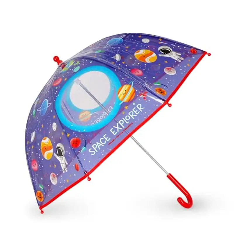 Legami - Ombrello per Bambini Dancin' In The Rain, Tema Space, Struttura Antivento, Apertura manuale, Chiusura in Tessuto con Spazio per Nome, Impugnatura a Gancio, 73x65 cm