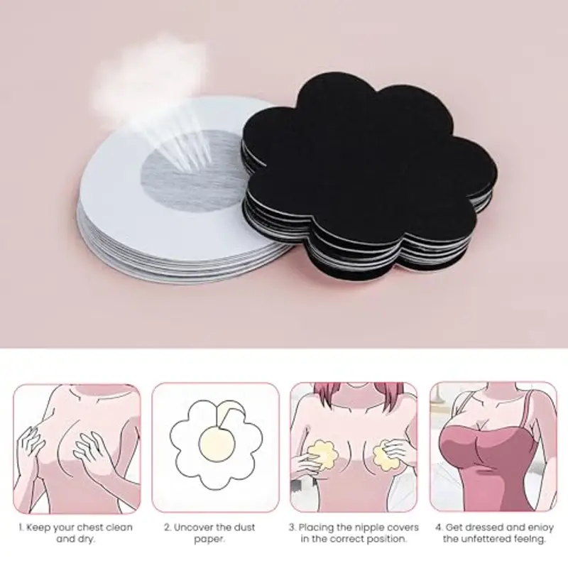 Leikedun 60 Pezzi Copricapezzoli Invisibili Adesivi Monouso per Capezzoli da Donna, Seno Capezzolo Copre Petalo Capezzolo Petalo USA e Getta per Donne Ragazze Festa - Fiore, Rotondo (60PCS Nero) miniatura 3