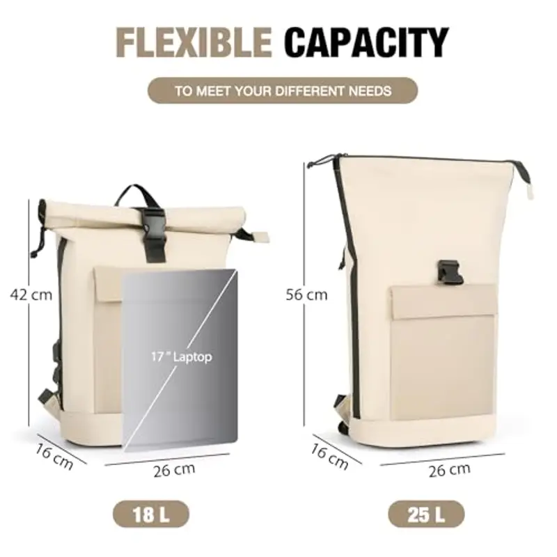 Lekeinchi Zaino Donna Uomo, Zaino Rolltop Impermeabile Uomo per 17" Laptop, Elegante Casual Backpack da Viaggio, Espandibile Backpack per la Scuola, per Università, Lavoro miniatura 3