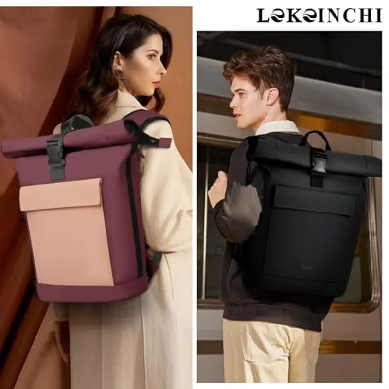 Lekeinchi Zaino Donna Uomo, Zaino Rolltop Impermeabile Uomo per 17" Laptop, Elegante Casual Backpack da Viaggio, Espandibile Backpack per la Scuola, per Università, Lavoro, Bordeaux miniatura 2