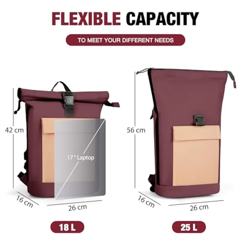 Lekeinchi Zaino Donna Uomo, Zaino Rolltop Impermeabile Uomo per 17" Laptop, Elegante Casual Backpack da Viaggio, Espandibile Backpack per la Scuola, per Università, Lavoro, Bordeaux miniatura 3