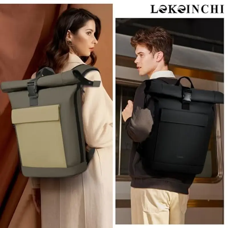 Lekeinchi Zaino Donna Uomo, Zaino Rolltop Impermeabile Uomo per 17" Laptop, Elegante Casual Backpack da Viaggio, Espandibile Backpack per la Scuola, per Università, Lavoro, Verde miniatura 2