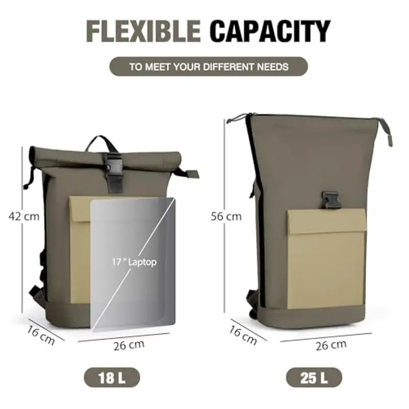 Lekeinchi Zaino Donna Uomo, Zaino Rolltop Impermeabile Uomo per 17" Laptop, Elegante Casual Backpack da Viaggio, Espandibile Backpack per la Scuola, per Università, Lavoro, Verde miniatura 3